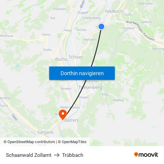 Schaanwald Zollamt to Trübbach map