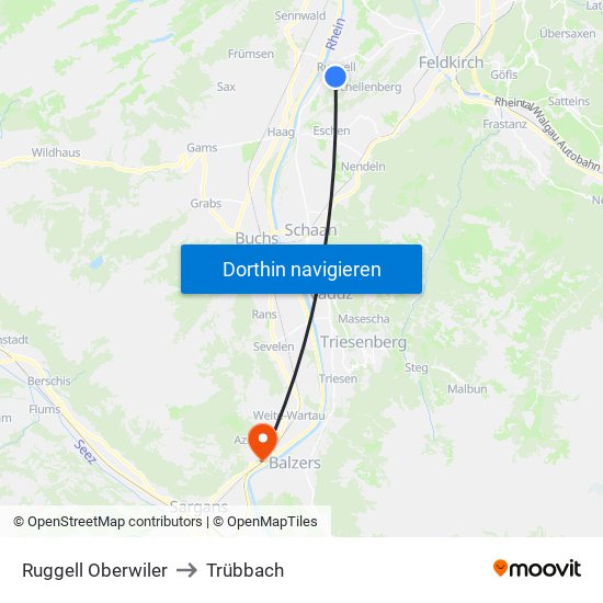 Ruggell Oberwiler to Trübbach map