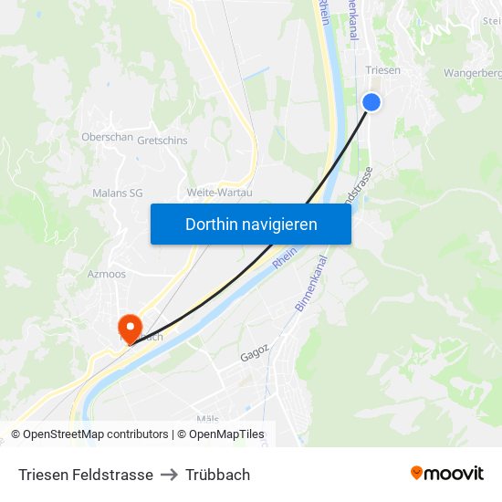 Triesen Feldstrasse to Trübbach map