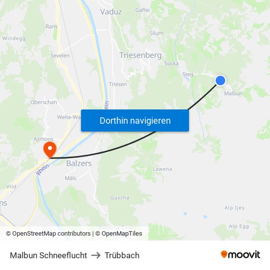 Malbun Schneeflucht to Trübbach map