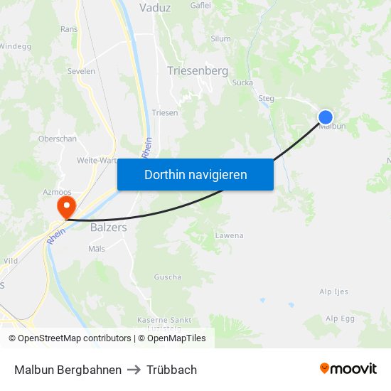 Malbun Bergbahnen to Trübbach map