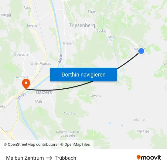 Malbun Zentrum to Trübbach map
