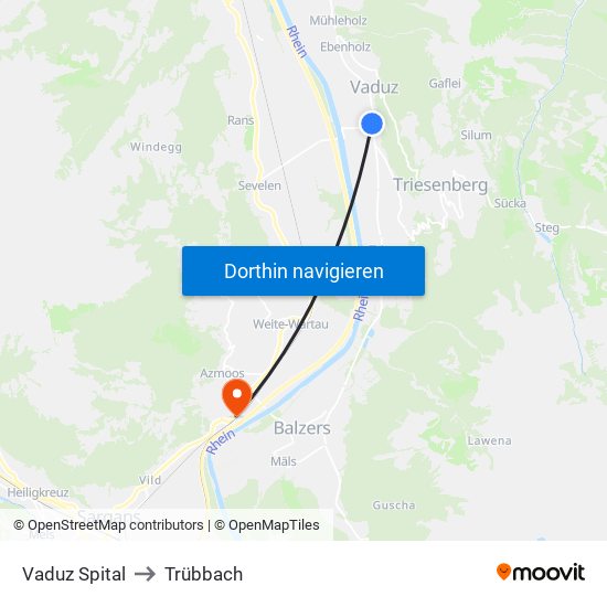 Vaduz Spital to Trübbach map