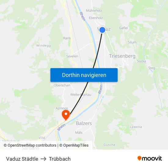 Vaduz Städtle to Trübbach map