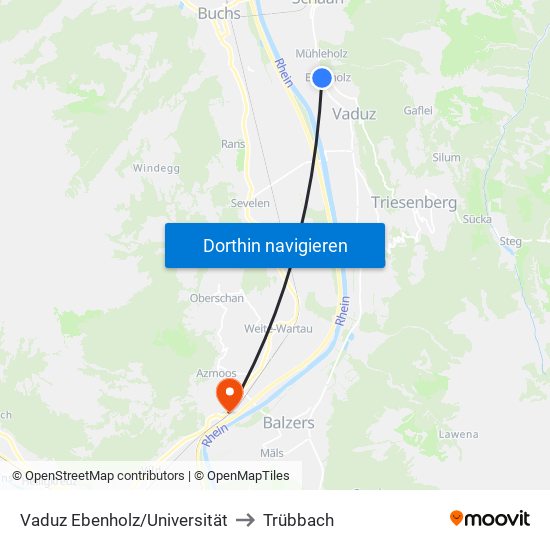 Vaduz Ebenholz/Universität to Trübbach map