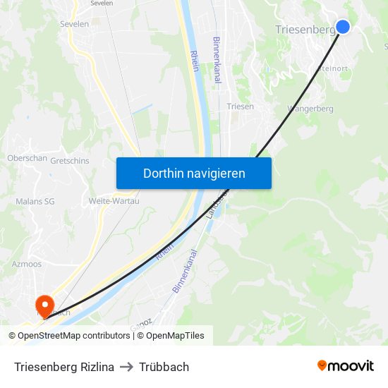Triesenberg Rizlina to Trübbach map