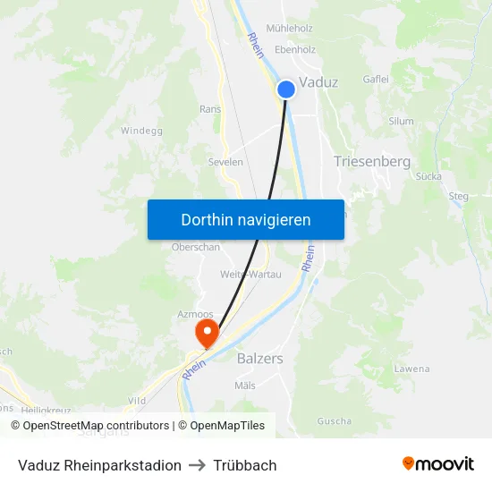 Vaduz Rheinparkstadion to Trübbach map