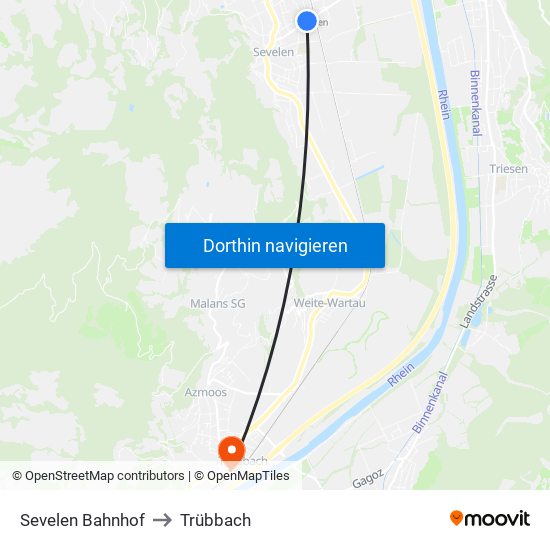 Sevelen Bahnhof to Trübbach map