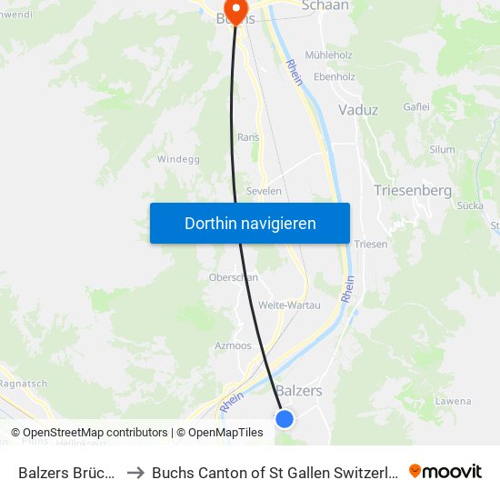 Balzers Brückle to Buchs Canton of St Gallen Switzerland map