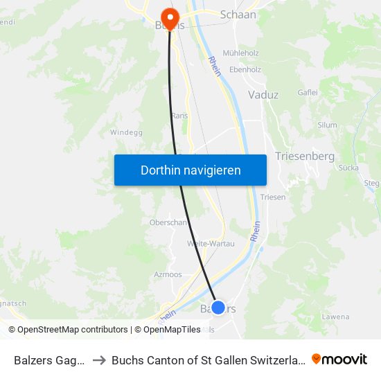 Balzers Gagoz to Buchs Canton of St Gallen Switzerland map
