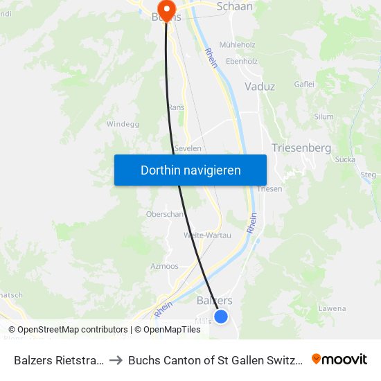 Balzers Rietstrasse to Buchs Canton of St Gallen Switzerland map