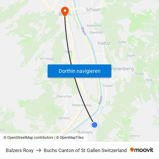 Balzers Roxy to Buchs Canton of St Gallen Switzerland map