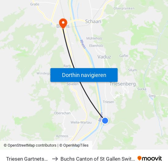 Triesen Gartnetschhof to Buchs Canton of St Gallen Switzerland map
