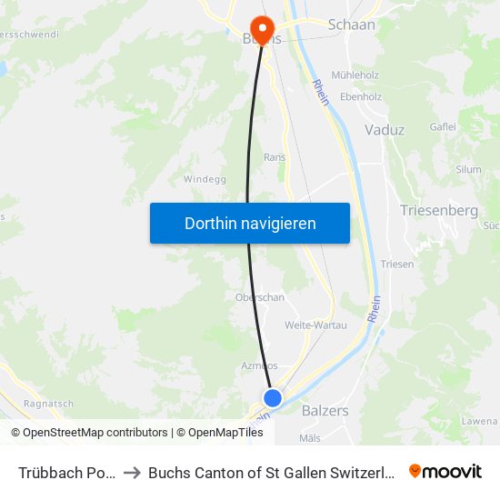 Trübbach Post to Buchs Canton of St Gallen Switzerland map