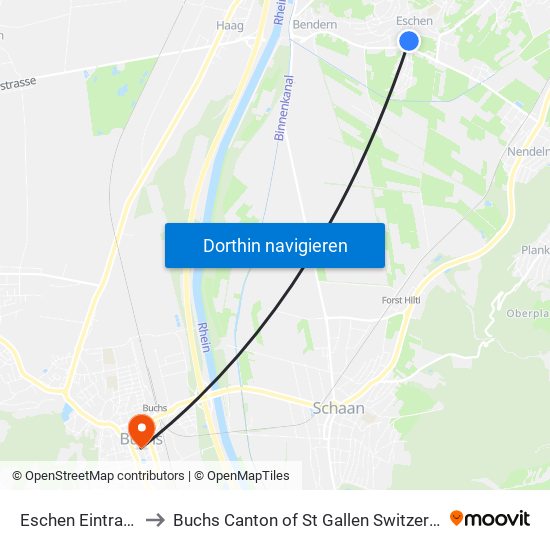 Eschen Eintracht to Buchs Canton of St Gallen Switzerland map