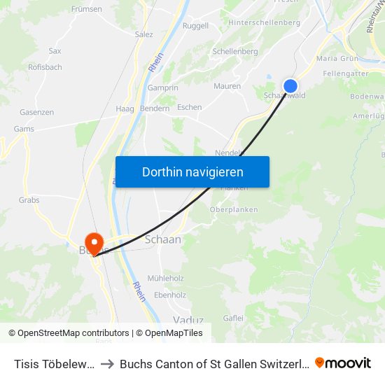 Tisis Töbeleweg to Buchs Canton of St Gallen Switzerland map
