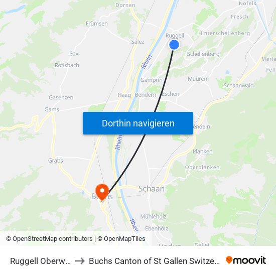Ruggell Oberwiler to Buchs Canton of St Gallen Switzerland map