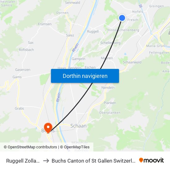 Ruggell Zollamt to Buchs Canton of St Gallen Switzerland map