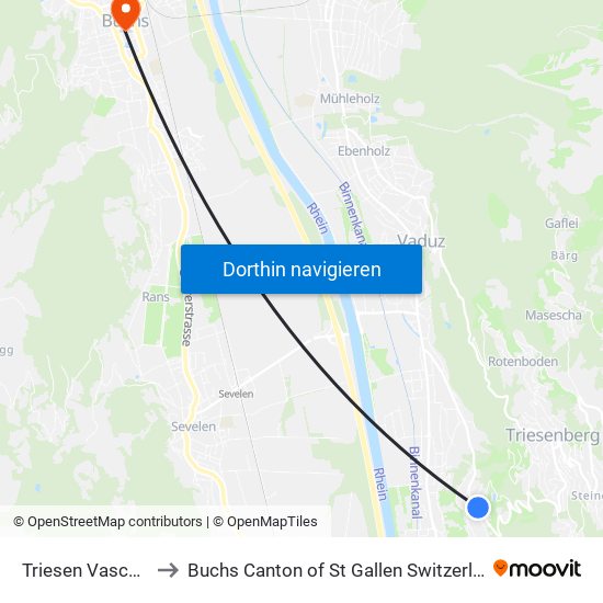 Triesen Vaschiel to Buchs Canton of St Gallen Switzerland map