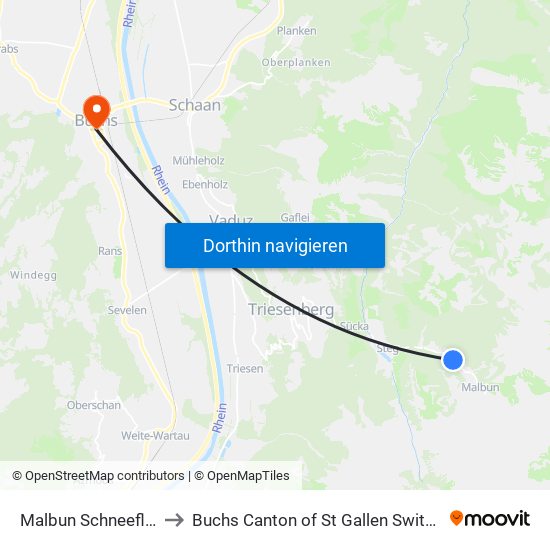 Malbun Schneeflucht to Buchs Canton of St Gallen Switzerland map
