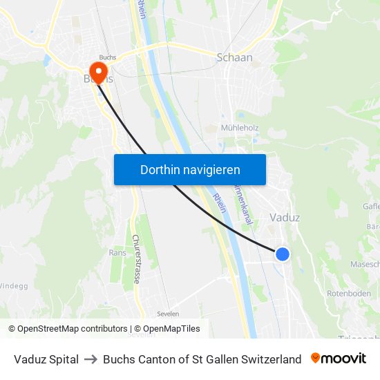 Vaduz Spital to Buchs Canton of St Gallen Switzerland map