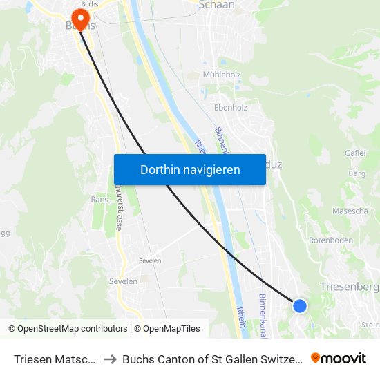 Triesen Matschils to Buchs Canton of St Gallen Switzerland map