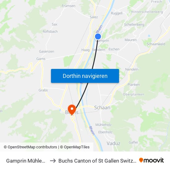 Gamprin Mühlegass to Buchs Canton of St Gallen Switzerland map