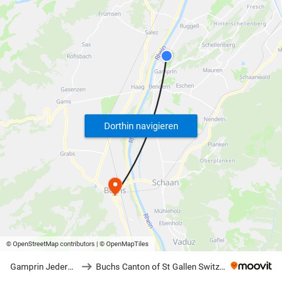 Gamprin Jedergass to Buchs Canton of St Gallen Switzerland map