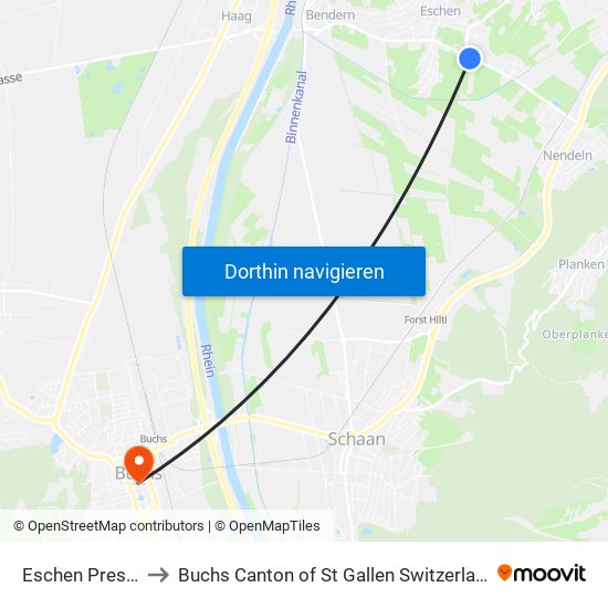 Eschen Presta to Buchs Canton of St Gallen Switzerland map