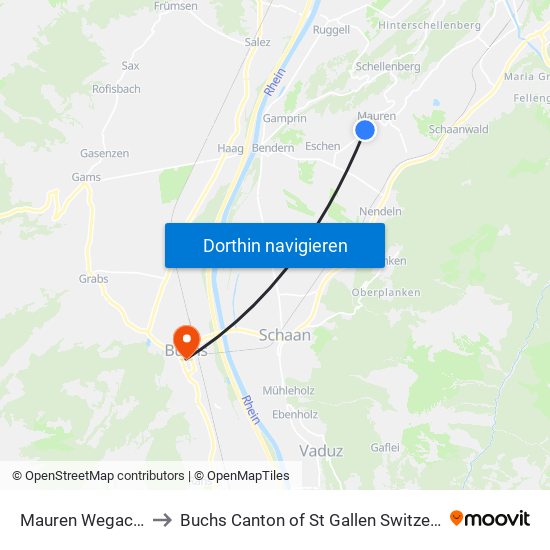 Mauren Wegacker to Buchs Canton of St Gallen Switzerland map