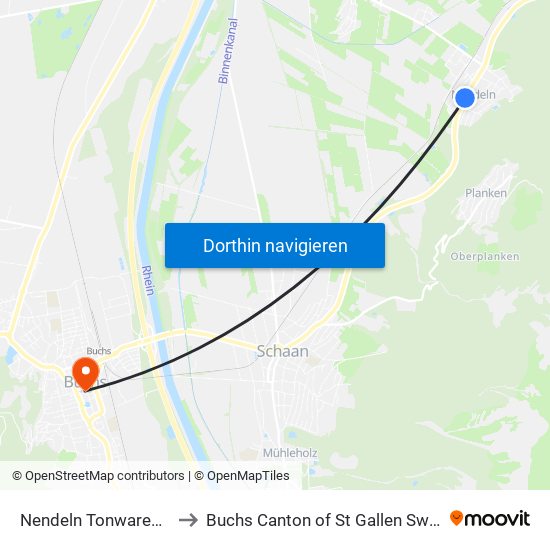 Nendeln Tonwarenfabrik to Buchs Canton of St Gallen Switzerland map