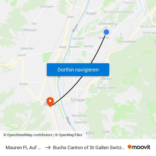 Mauren FL Auf Berg to Buchs Canton of St Gallen Switzerland map