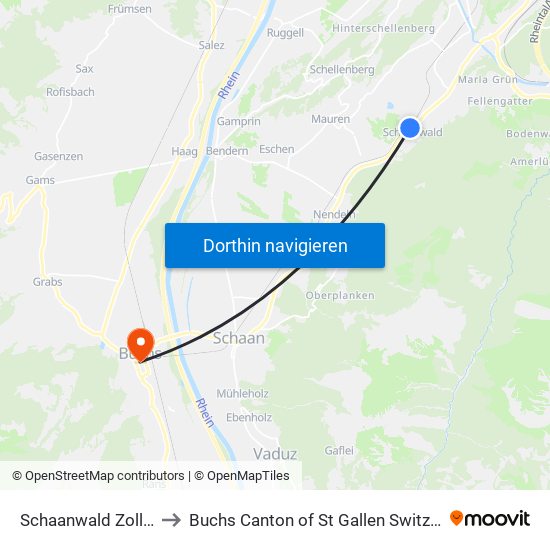 Schaanwald Zollamt to Buchs Canton of St Gallen Switzerland map
