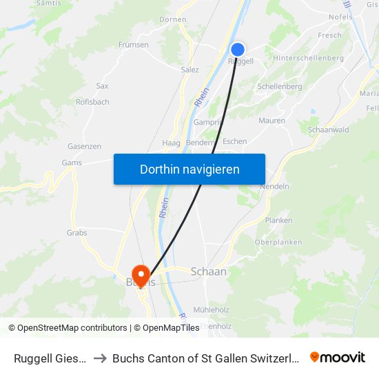 Ruggell Giessa to Buchs Canton of St Gallen Switzerland map