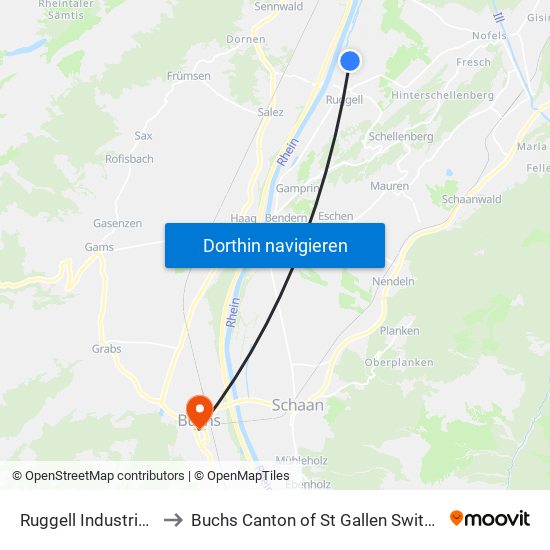 Ruggell Industriering to Buchs Canton of St Gallen Switzerland map