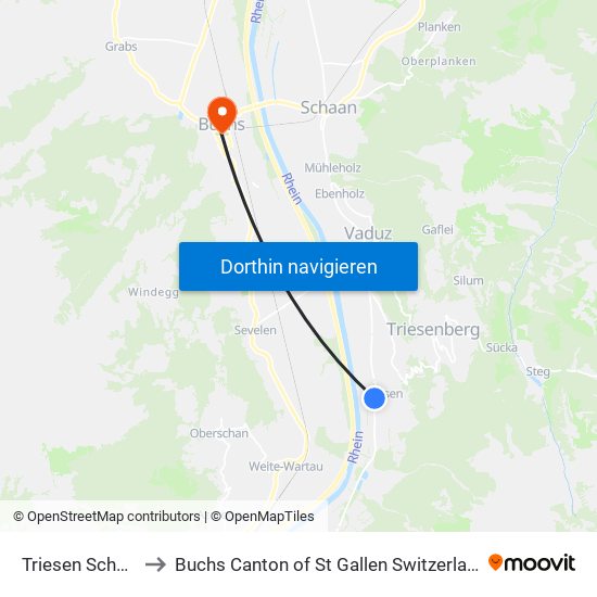 Triesen Schule to Buchs Canton of St Gallen Switzerland map
