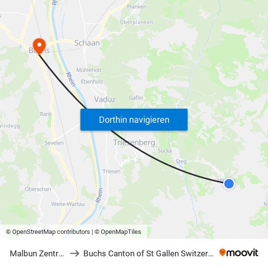 Malbun Zentrum to Buchs Canton of St Gallen Switzerland map
