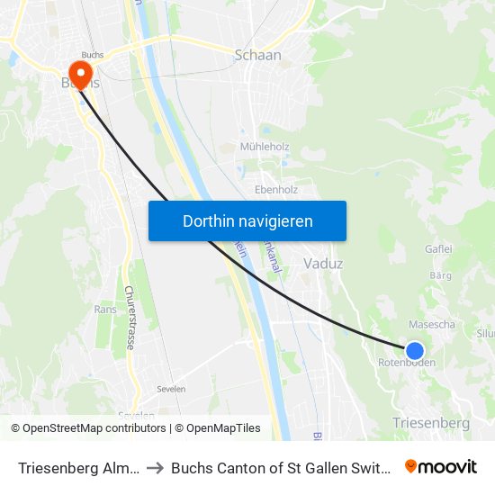 Triesenberg Almeina to Buchs Canton of St Gallen Switzerland map