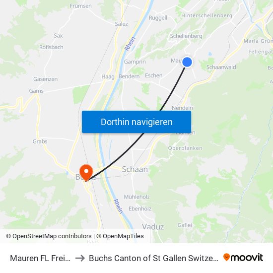 Mauren FL Freihof to Buchs Canton of St Gallen Switzerland map
