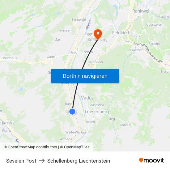 Sevelen Post to Schellenberg Liechtenstein map