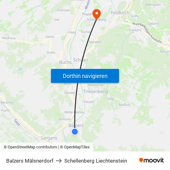 Balzers Mälsnerdorf to Schellenberg Liechtenstein map