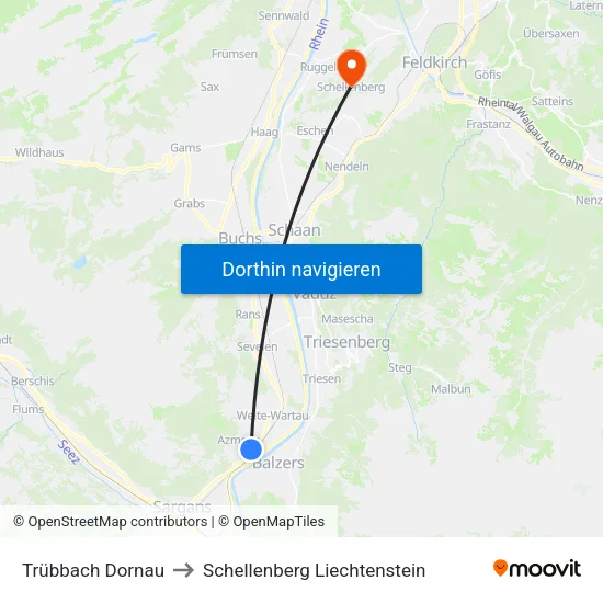 Trübbach Dornau to Schellenberg Liechtenstein map