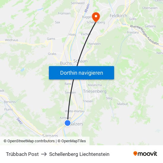 Trübbach Post to Schellenberg Liechtenstein map