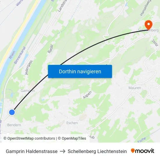 Gamprin Haldenstrasse to Schellenberg Liechtenstein map
