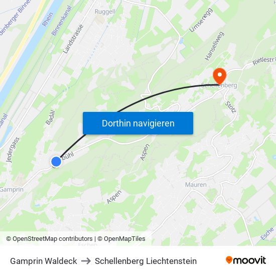 Gamprin Waldeck to Schellenberg Liechtenstein map
