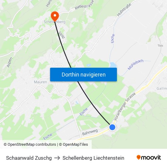 Schaanwald Zuschg to Schellenberg Liechtenstein map