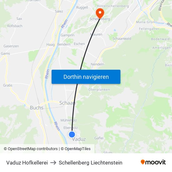 Vaduz Hofkellerei to Schellenberg Liechtenstein map