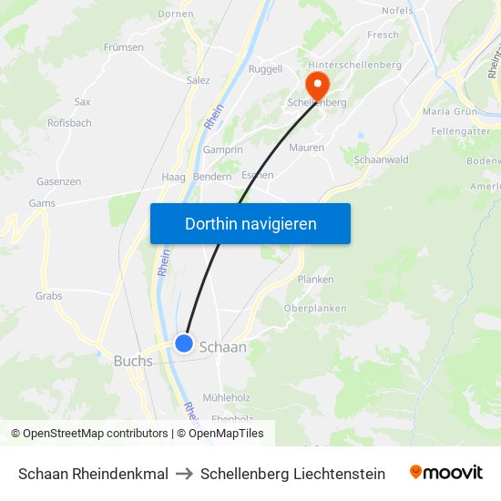 Schaan Rheindenkmal to Schellenberg Liechtenstein map