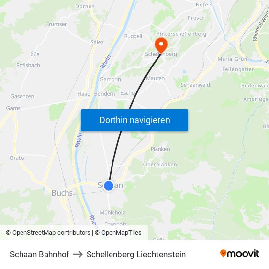 Schaan Bahnhof to Schellenberg Liechtenstein map