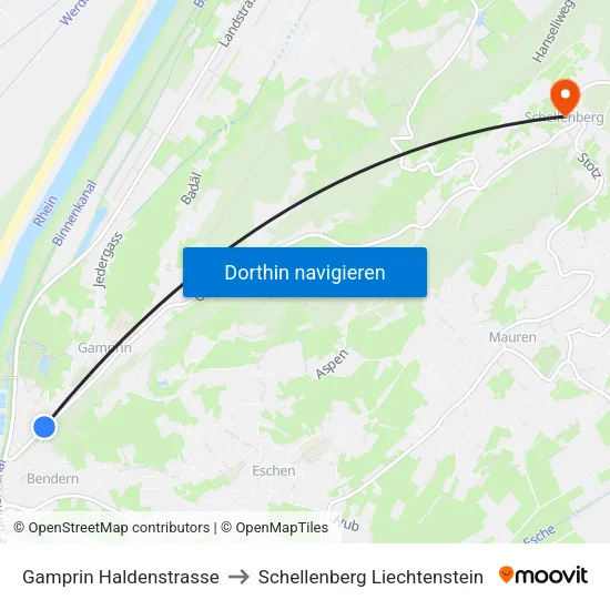Gamprin Haldenstrasse to Schellenberg Liechtenstein map